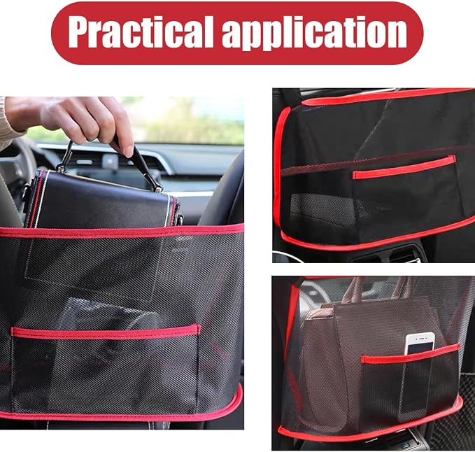 ZIMISI Car Net Pocket Handbag Holder, Auto Storage Organizer Between Front Seats, Large Capacity Vehicle Driver Storage Netting Pouch, Pet/Kids Car Barrier Accessories for Purse, Document (Red)