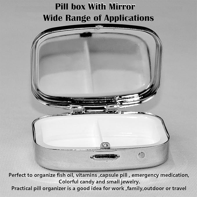 ABLESKY Pill Box, 2 Compartment Pill Organizer Case for Pocket or Purse, Small Portable Metal Travel Medicine Box with Mirror, Daily Vitamins Fish Oil Container-Blackmothl