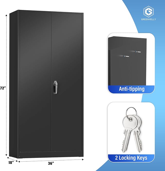 Greenvelly Metal Garage Storage Cabinet, 72'' Tall Storage Cabinet with 2 Doors and 4 Adjustable Shelves, Steel Lockable Tool Cabinets for Home Office, Garage, Basement, School (Black)