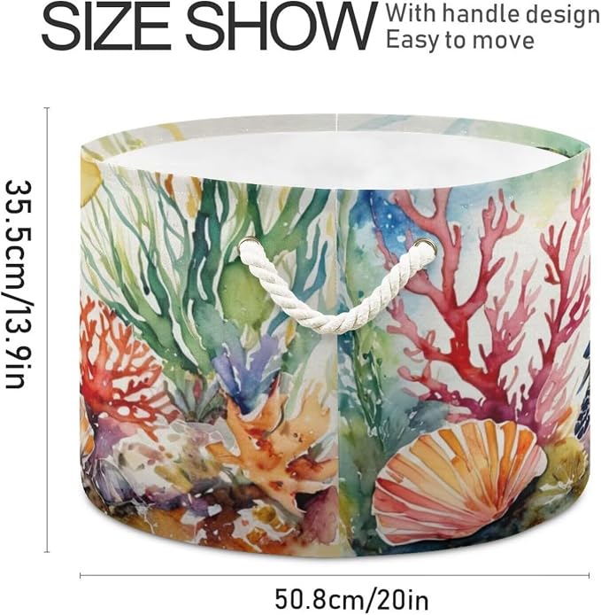 Sea Turtle Print Collapsible Round Storage Basket with Handles | Ocean Coral Seashells Large Laundry Baskets Hamper, Clothes Organizer Bin for Bedroom Living Room Decor, 20x 20x 14 Inches