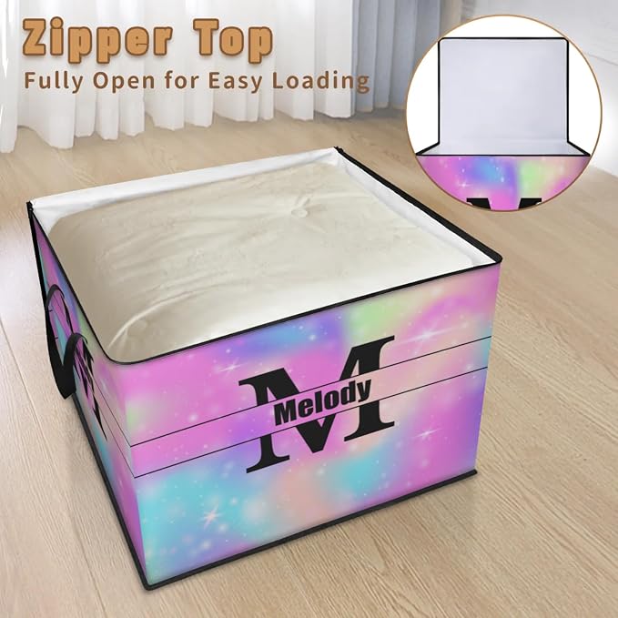 Personalized Large Storage Basket with Lid, Canvas Storage Bins Quilt Clothes Organizer for Bedroom, Kitchen, Bathroom, Nursery, Shelves, Closets, Watercolor Blue Pink Galaxy with Initial Letter
