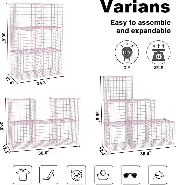 C&AHOME Wire Cube Storage, 6 - Cube Organizer Metal C Grids, Units, Pink | Modular Shelves Units, Closet Organizer, Storage Bins Shelving, Ideal for Home, Office, Living Room