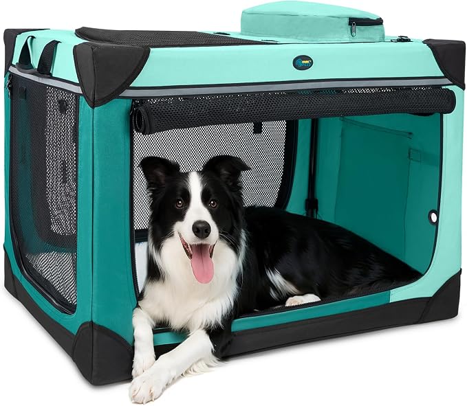 Ownpets Collapsible Travel Dog Crate for Large Dogs, 30x21x21 inches, Green | Foldable, Portable, 4-Doors, 4-Side Mesh Windows, Steel Frame Oxford Cloth, Soft Cushion Mat, Leash, Easy Setup