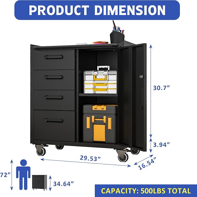 Mobile Tool Storage Cabinet with 4 Drawer and 1 Locking Doors | Heavy Duty Rolling Tool Cabinets for Garage,Metal Storage Cabinets Tool Cart on Wheels with Wheels,Assembly Required