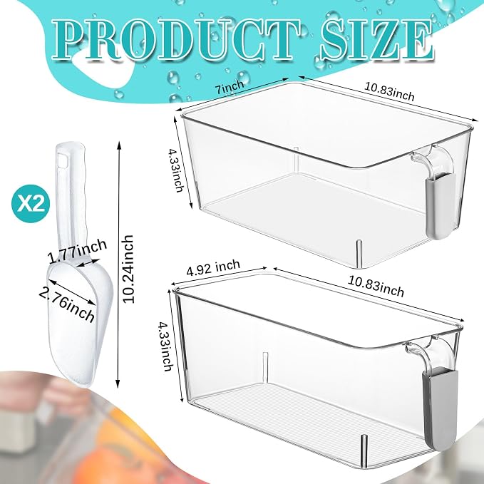 Havawish Ice Storage Bin and Flexible Scoop Set Plastic Freezer Bin | Freezer Ice Bin Scoop, Clear Bucket Container, Pull Handle, Flexible Storage, 10.83 X 7 X 4.33 In,10.83 X 4.92 X 4.33 in