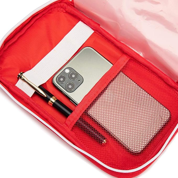 Red First Aid Bag Empty Travel Rescue Pouch First Responder Storage Medicine Emergency Bag for Car Home Office Kitchen Sport Outdoors (Red with Handle Green Print)