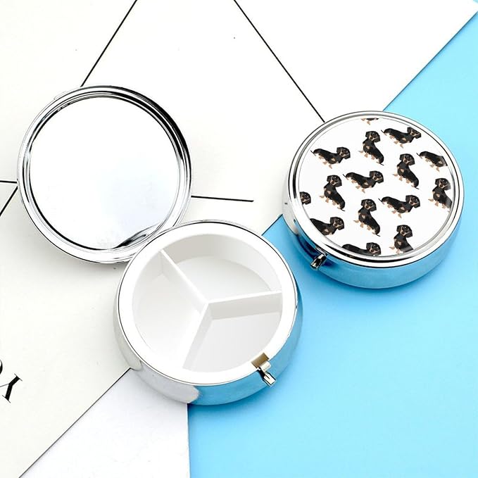 Round Pill Box Small Cute Pill Organizer with Mirror & 3 Compartments | Portable Dachshund Weiner Pet Dogs Pill Container Metal Pill Case to Hold Vitamins, Fish Oil and Supplements