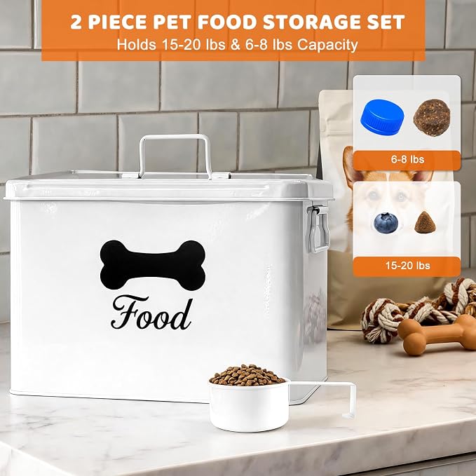 Dog Treat Container Set of 2, Airtight Metal Dog Food Storage Container (12-15 lb & 6-8 lb Capacity), Large & Small Kibble Storage Containers with Lid and 2 Scoops, for Dry Food and Treats (White)