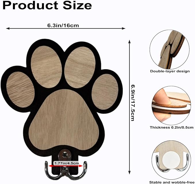 2Pcs Rustic Wooden Dog Leash Holder Wall Decoration, Cute 3D Puppy Paw Wall Mount Hanger Organizer Hooks for Home Decor, Farmhouse, Keys, Harness, Collars, Coat Rack, Entryway, Pet Lover Gift