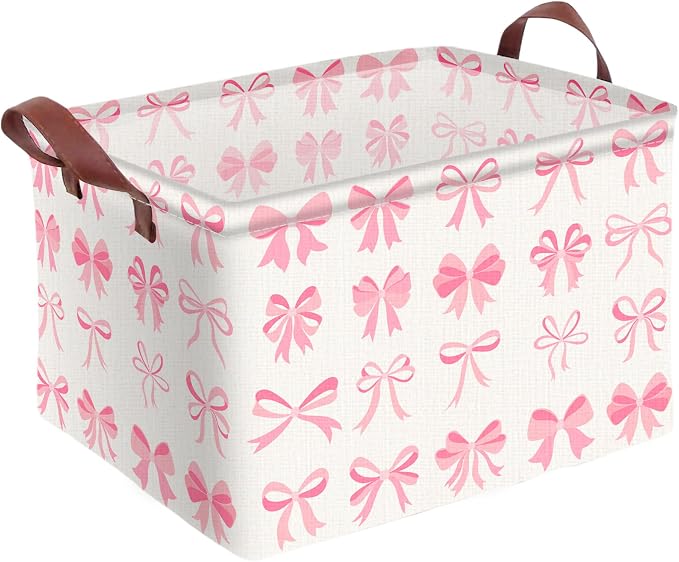 Pink Bow Decor Storage Basket Waterproof Canvas Toy Storage Bin Coquette Room Decor Collapsible Outdoor Basket with Leather Handles Pink Blanket Baskets For Closets,Bedrooms,Gifts Baskets