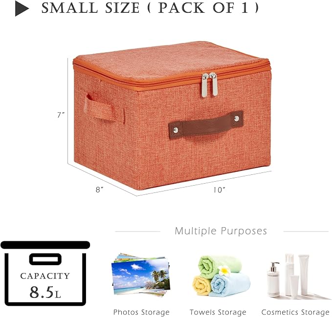 Storage Bins with Zipper Lids Decorative Lidded Baskets Boxes | Clothes Container, Closet Shelf Organizer, Foldable Washable, Cotton Linen Fabric, w/ PU Leather Handles, Orange, Small