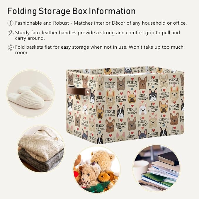 French Bulldog Pattern Rectangle Storage Bin, 15 x 11 x 9.5 in, Collapsible Organizer Storage Basket for Home Décor