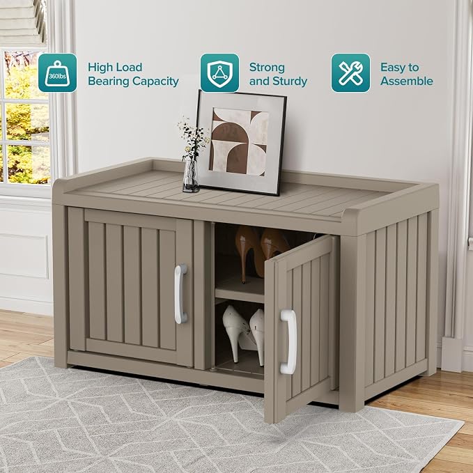 ROJIK Shoe Cabinet Storage Bench Indoor Outdoor, Waterproof UV-Resistant Resin Entryway Furniture with Adjustable Shelves for Hallway, Living Room and Bedroom (Double Door, Classic Grey)