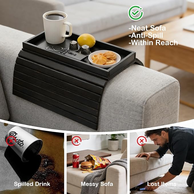 Bamboo Sofa Arm Tray Table, Foldable Couch Arm Tray Side Table, Anti-Falling Armrest Tables Cup Holder for Snacks, Couch Armrest Organizer, Serving Tray for Snacks and Drinks (Black)