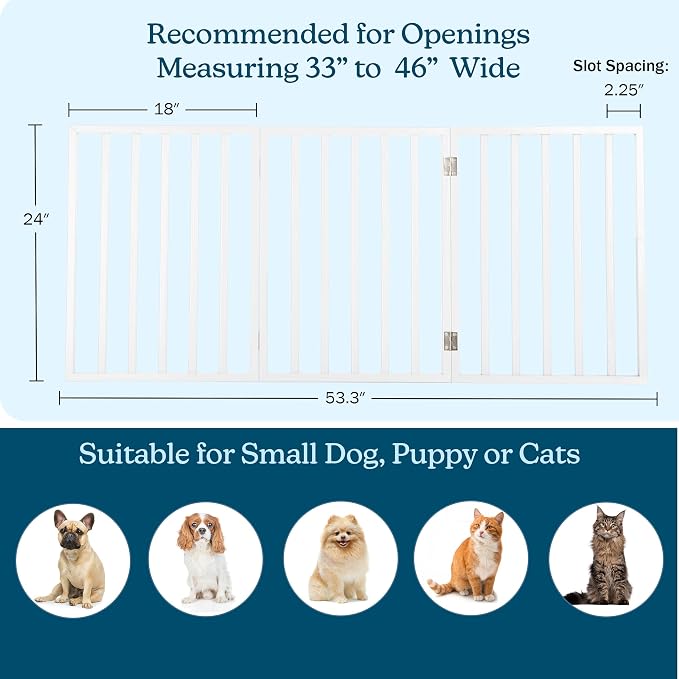 Pet Gate - 3-Panel Indoor Foldable Dog Fence for Stairs, Hallways or Doorways - 54x24-Inch Retractable Wood Freestanding Dog Gates by PETMAKER (White)