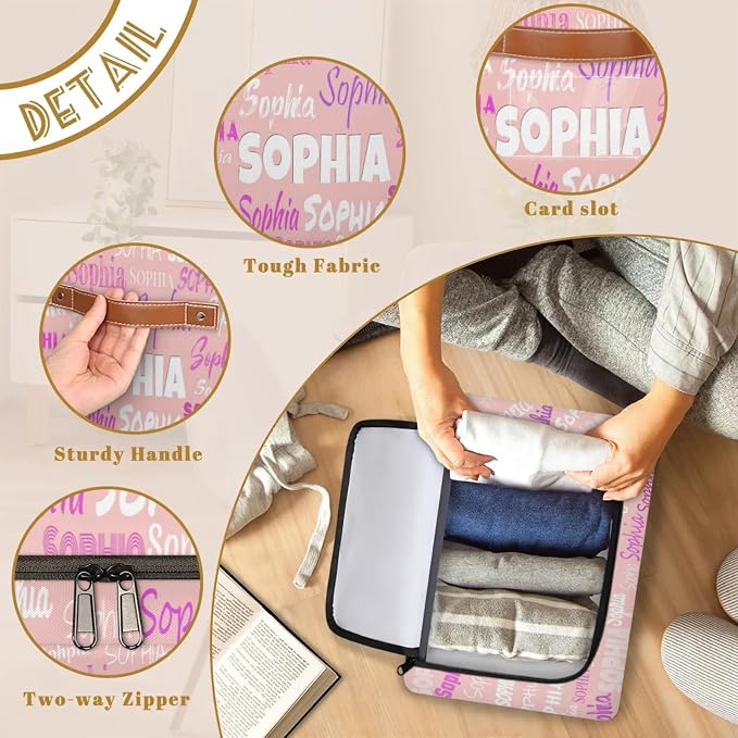 Custom Storage Baskets for Kids with Name, Pale Pink Background Large Foldable Organizer Collapsible Storage Bin with Zipper Lid Leather Handle for Home Toys Closet Nursery