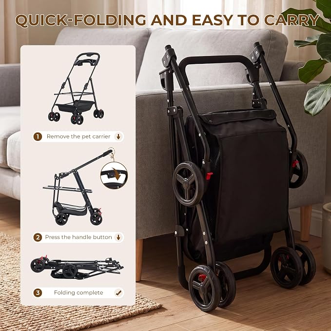 4-Wheel Pet Stroller for Small Medium Dogs Cats, One-Click Foldable | Portable Dog Stroller, Detachable Carrier, Cup Holder & Storage Basket, Safety Tether, Breathable Mesh, Up to 44lbs, Black