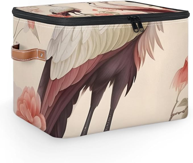 Japanese Crane Floral Foldable Storage Bin with Lid Zipper | Closet Shelf Organizer, Boxes, Basket Containers for Home, Lidded Storage Cube for Bedroom, Waterproof, with Handles