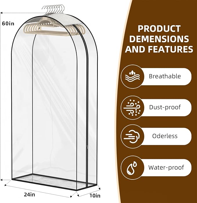 Clear Garment Bags for Hanging Clothes, 4-Pack, 60" | Upgraded thickened clear garment bags with 10" gusset for closet storage of shirts, coats, dresses
