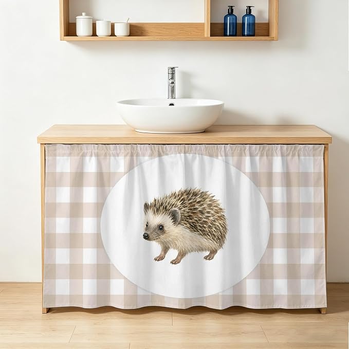 Hedgehog Sink Skirt for Bathroom, Self-Adhesive Under Sink Curtain, Modern Farmhouse Linen Checked Animal Hide Pipes & Storage Fabric Cabinet Skirt Cover for Kitchen Laundry 32"x55"