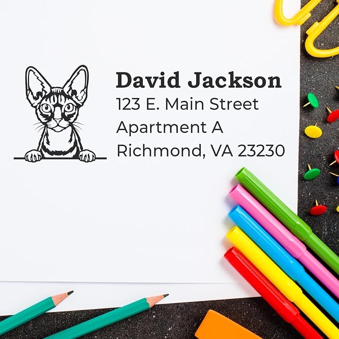 Devon Rex Address Stamp, Personalized Cat Hand Stamp Duo, Custom Mail Mark for Cat Owners, Pet Lovers, Feline Enthusiast, Home Office Use