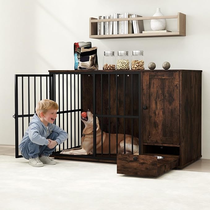 PETSITE 47.5-inch Dog Crate Furniture, Heavy-Duty Wooden Dog Kennel with Hidden Bowls in Pull-Out Drawer, Storage Cabinet, and Chew-Resistant Metal Frame, Industrial Style for Small & Medium Sized