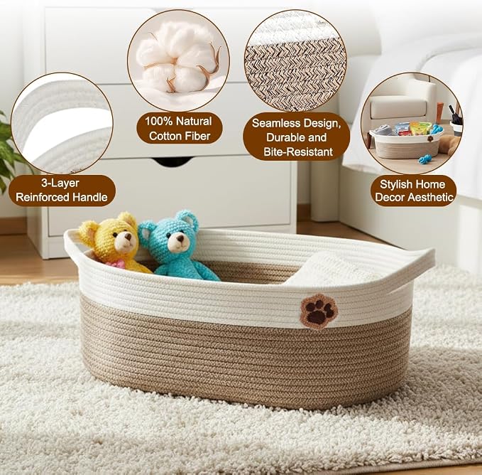 SZEE 2 Pack 30L Large Dog Toy Basket, Nursery Blanket Storage Basket for organizing, Woven Blanket Storage for Living Room, Laundry Basket with Triple-Reinforced Handles, 19.7"×11"×7.9", Brown+Gray