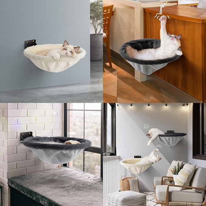 Cat Hammock Wall Mounted, Foldable & Stable Cat Beds- Breathable Cats Wall Shelves for Sleeping, Playing, Climbing, and Lounging - Maximum Hold Up to 30lb（Gray+Cream,Faux Rabbit Fur） | Foldable & Stable Cat Beds- Breathable Cats Wall Shelves for Sleepi...