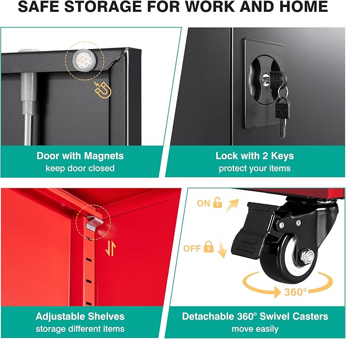 75" Tall Metal Storage Cabinet with Wheels,Rolling Garage Storage Cabinet with Lock,Red Metal Cabinets on Wheels,Locking Tool Cabinets on Wheel for Garage,Home,Office,Shop