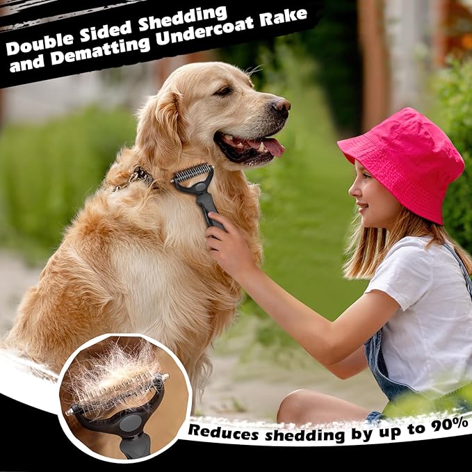 3PCS Self Cleaning Slicker Brush & Pet Grooming Rake & Flea Comb for Dogs,Cats and Horses | Double-Sided Dematting Comb & Skin Friendly Deshedding Grooming Tool | Premium Pet Supplies（Gray)
