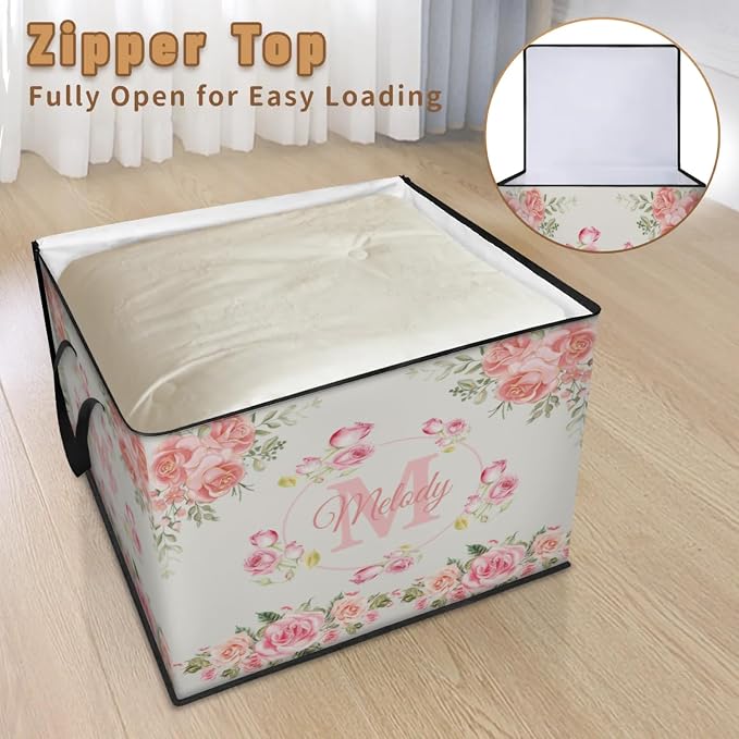 Custom Name Comforter Storage Bin with Lid, Personalized Initial Letter XL Storage Basket with Handles Zippers for Organizing Blankets, Bedding Closet Shelf Baskets, Pink Rose Floral
