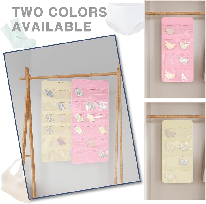26-Pocket Hanging Closet Organizer for Socks and Underwear, Pink | Non-woven clear compartments keep bras & leggings visible; swivel hook fits wardrobe, closet rod, wall, door or shelves.