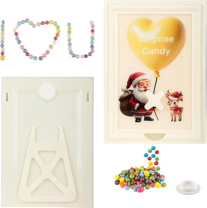 Candy Dispenser Picture Frame, Wall-Mount & Tabletop Gumball Machine with Multiple Designs for Candy, Nuts, Treats, Interactive Home and Office Decor (Santa Claus & Deer, Off-White)