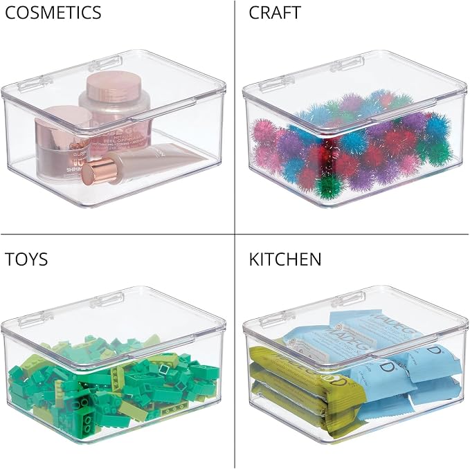 mDesign Plastic Playroom and Gaming Storage Organizer Box Containers with Hinged Lid for Shelves or Cubbies, Holds Small Toys, Building Blocks, Puzzles, Markers, Controllers, or Crayons, 8 Pack, Clear
