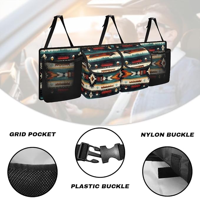 Dreaweet Southwestern Trunk Organizer for Car Navajo Tribal Geometric Trunk Backseat Organizer Large SUV Hanging Storage Bag with 4 Pockets Foldable Car Seat Organizers and Storage for Most Vehicle