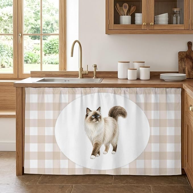 Ragdoll Cat Cabinet Curtains 28"x51" Sink Skirt for Bathroom Kitchen, Modern Linen Plaid Farmhouse Pet Cats Self Stick Adhesive Under Desk Covers Tall Laundry Cabinet Storage Organizer