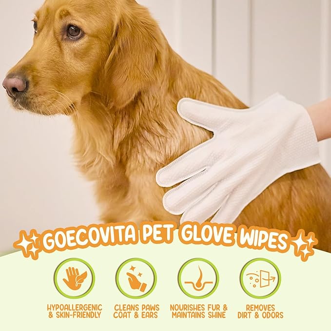 GoEcoVita Pet Deodorizing Glove Wipes for Dogs & Cats | Nourish & Clean Fur & Skin | Coconut Oil & Chamomile Rinse-Free Wipes | Bathing Glove Wipes for Daily Care | Natural, Hypoallergenic (18 Pack)