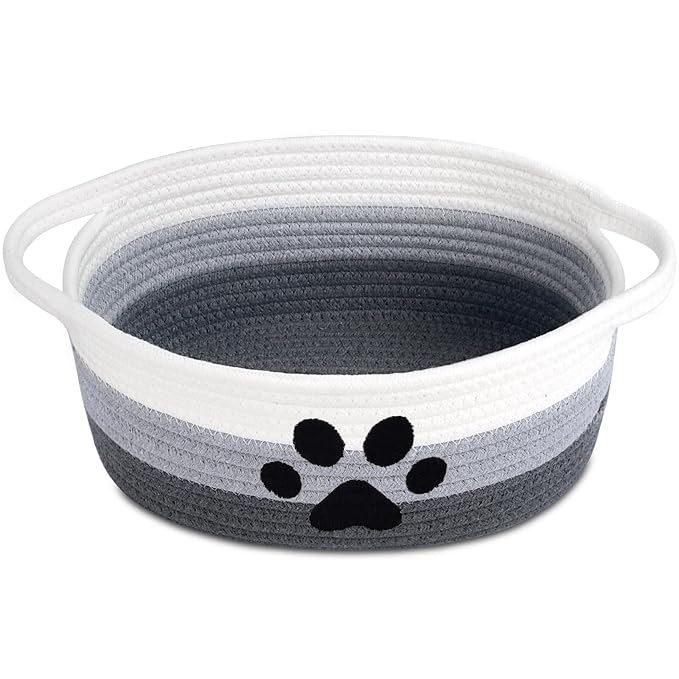 ABenkle Small Woven Basket with Handle, Cute Dog Paw Baskets for Gifts Empty, Decorative Rope Woven Storage Dog Toy Basket, Nursery Baskets for Baby Shower, 12" x 8" x 5"