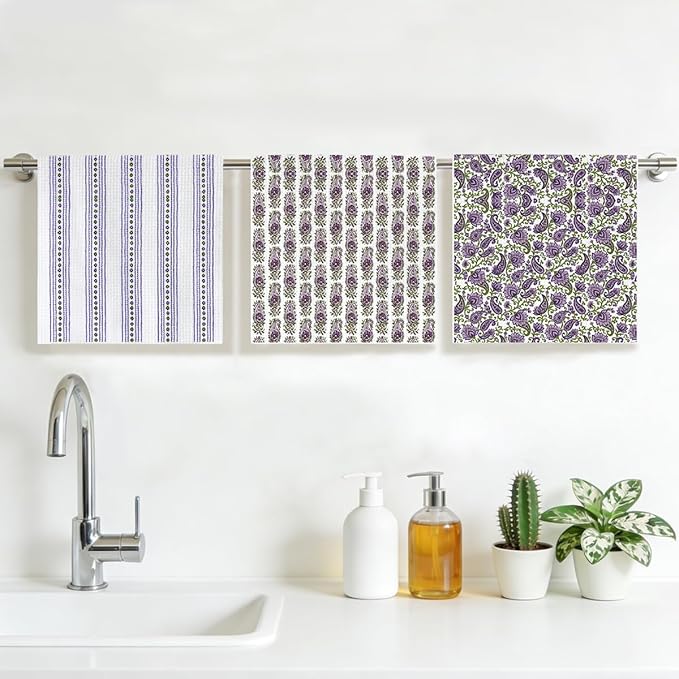 3 Pcs Retro Flower Kitchen Towels, Colorful Flower Soft Absorbent Hand Tea Towel, Microfiber Dish Cloths for Drying Dishes, Waffle Dish Towels for Kitchen Farmhouse Decor, Floral Gifts for Women Mom04