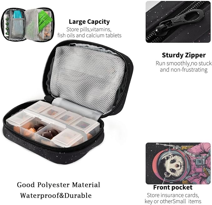 Fustylead Cute Hamster Animal Astronaut Pill Organizers 2 Times A Day Pill Case Bag with Zipper Portable Weekly Pill Dispensers for Vitamin Supplement
