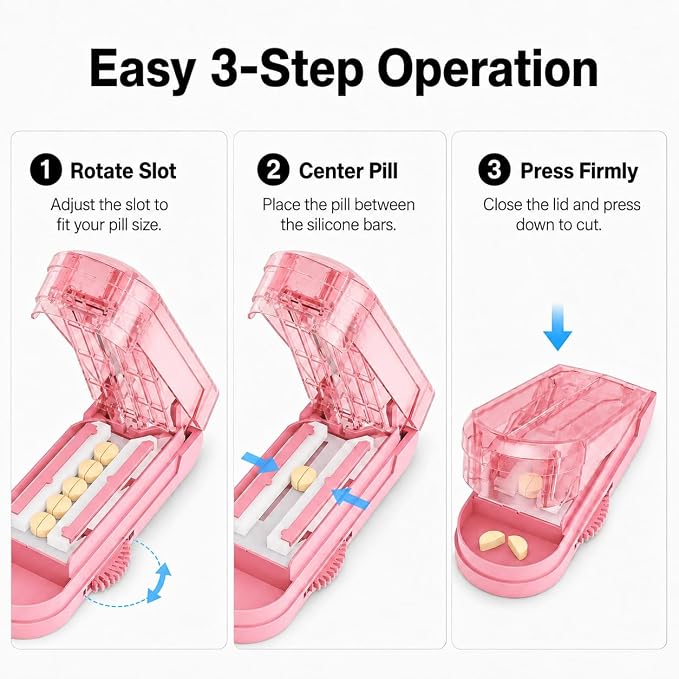 ONE PIX Pill Cutter Splitter for Small and Tiny Pills, Multiple Pill Splitter with Centering Device & Hidden Blade, Adjustable Tablet Cutter for Large Pills, Seniors, Pets, Pink