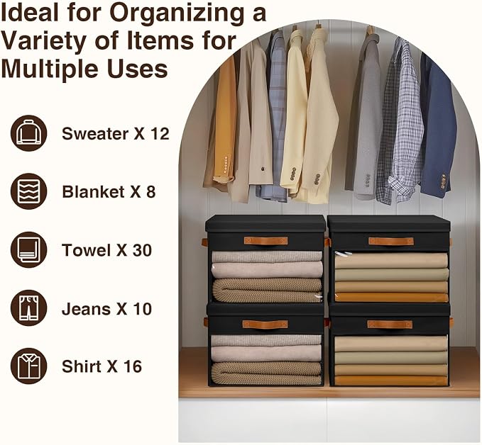 Large Storage Bins with Lids - 6 Pack Foldable Decorative Organizers with Clear Windows & Handles, Cube Storage Organizers for Clothes, Blankets, Sweaters, Sheets, Black