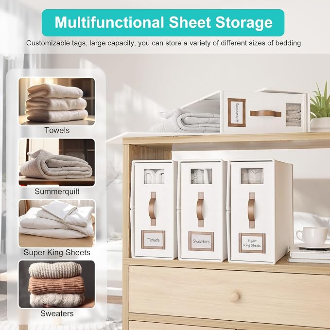 8 Pack Foldable Bed Sheets Set Organizers and Storage(Cal King Size),Linen Fabric Closet Organizers with Window,Folding Bedding Storage Box for Bedsheets and Pillow Cube Organizer-White
