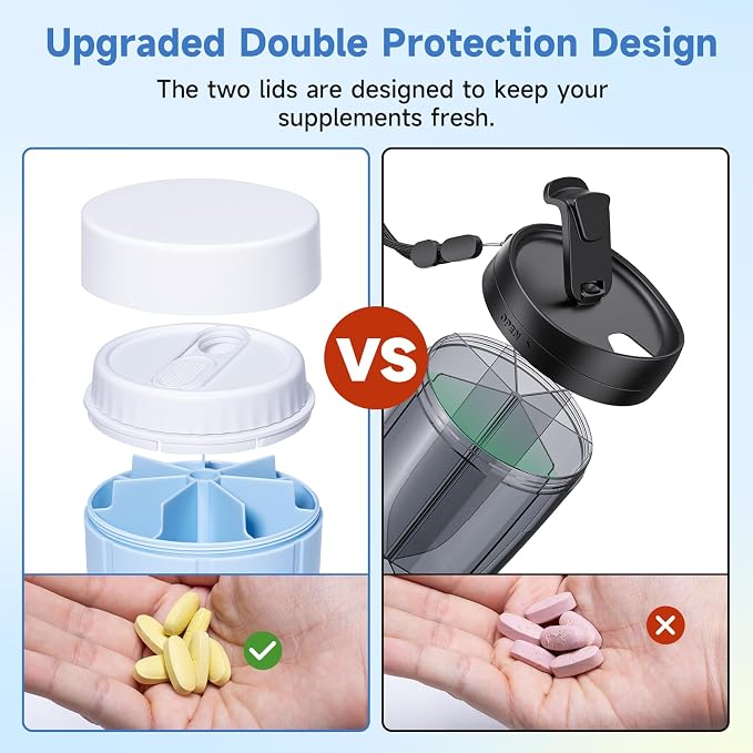 Daviky Pill Bottle Organizer, 7 Large Compartments, Travel Pill Dispenser | Seven large compartments organize daily pills, vitamins and supplements, with dual lids for convenient storage and travel