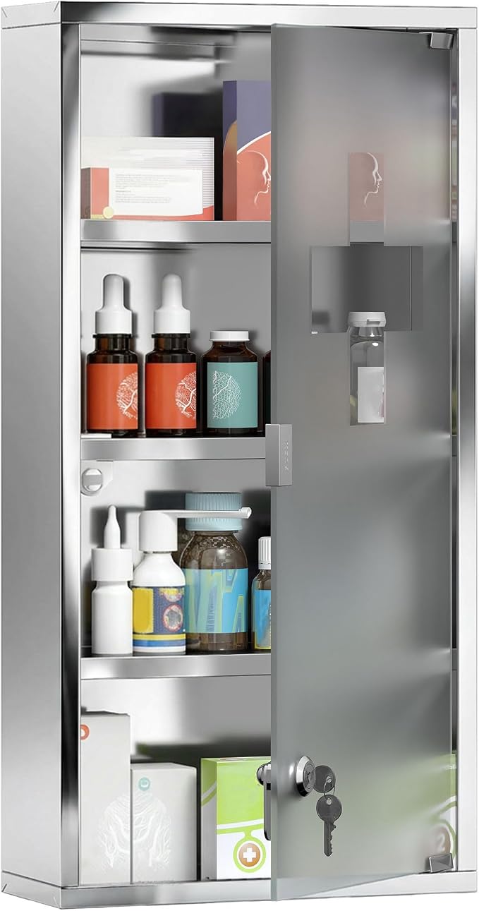 HOMCOM Wall Mounted Medicine Cabinet Lockable Wall Cabinet Silver 12" x 24" | 4 Tier Shelves, Stainless Steel Frame, Glass Door, 2 Keys