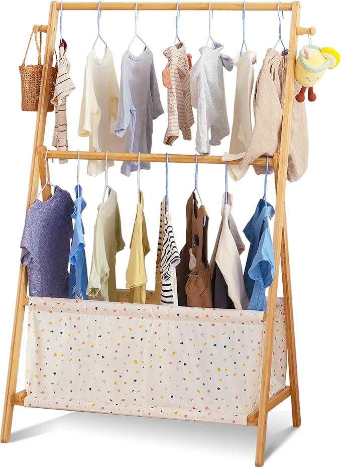 Baveke Kids Clothing Rrack- Kids Dress Up Rack for Little Girls, FSC-Certified Bamboo Kids Clothes Rack, Toddler Dress Up Storage Rack & Folding Costume Rack, Double Rods, Pets Clothes Rack, Spot
