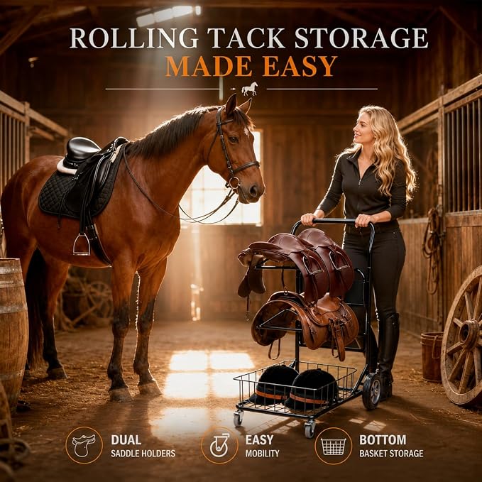 Rolling Saddle Rack Cart with Basket, 220 Lbs, 32.3*16.9*49.8 inch | Horse Tack Dolly Saddle Stand for Western & English Saddles, Heavy Duty Saddle Stand for Tack Room, Bridle, Horse Lovers