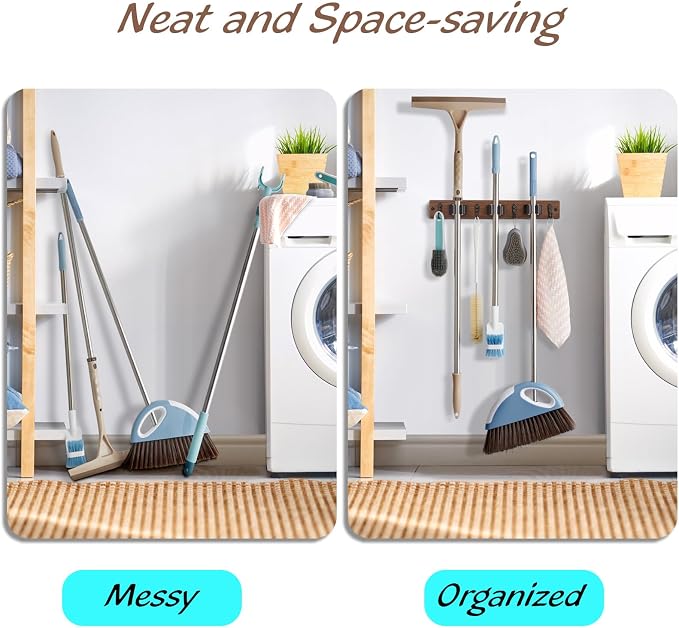 OUTNILI 2 Pack Mop Broom Holder Wall Mount - Wood Broom Mop Hanger - Wall Mounted Garden Tool Rack Organizer for Closet Garage Laundry Room Farmhouse Rustic Kitchen Decor With 4 Slots & 4 Hooks