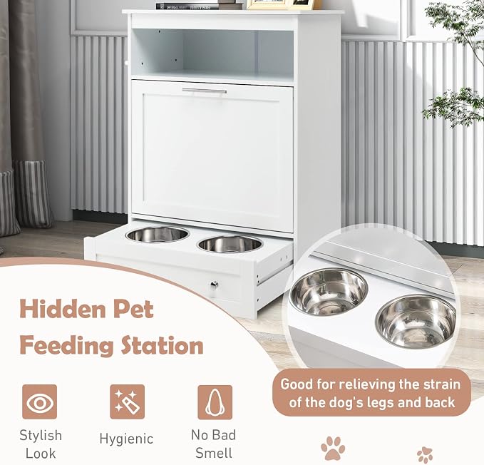 Dog Feeding Station, Dog Food Storage Cabinet w/Double Raised Dog Bowls, Pull Out Design, Large Dog Feeder Station Container for Pets Toy, Feeding & Watering Supplies (White)