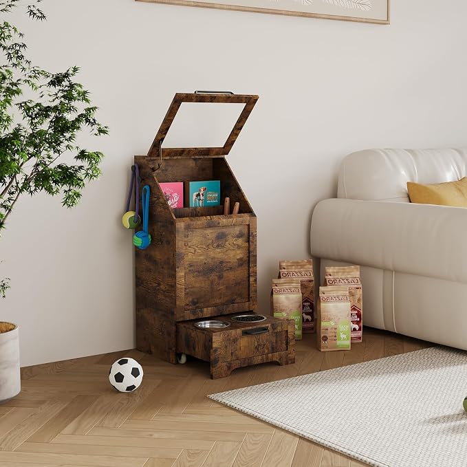 Top Opening Dog Feeding Station, Wooden Dog Food Storage Cabinet with 2 Elevated Dog Bowls, 3 Hooks, Hidden Design, Large Pet Food Storage and Feeding Station for Dogs, Cats, Retro